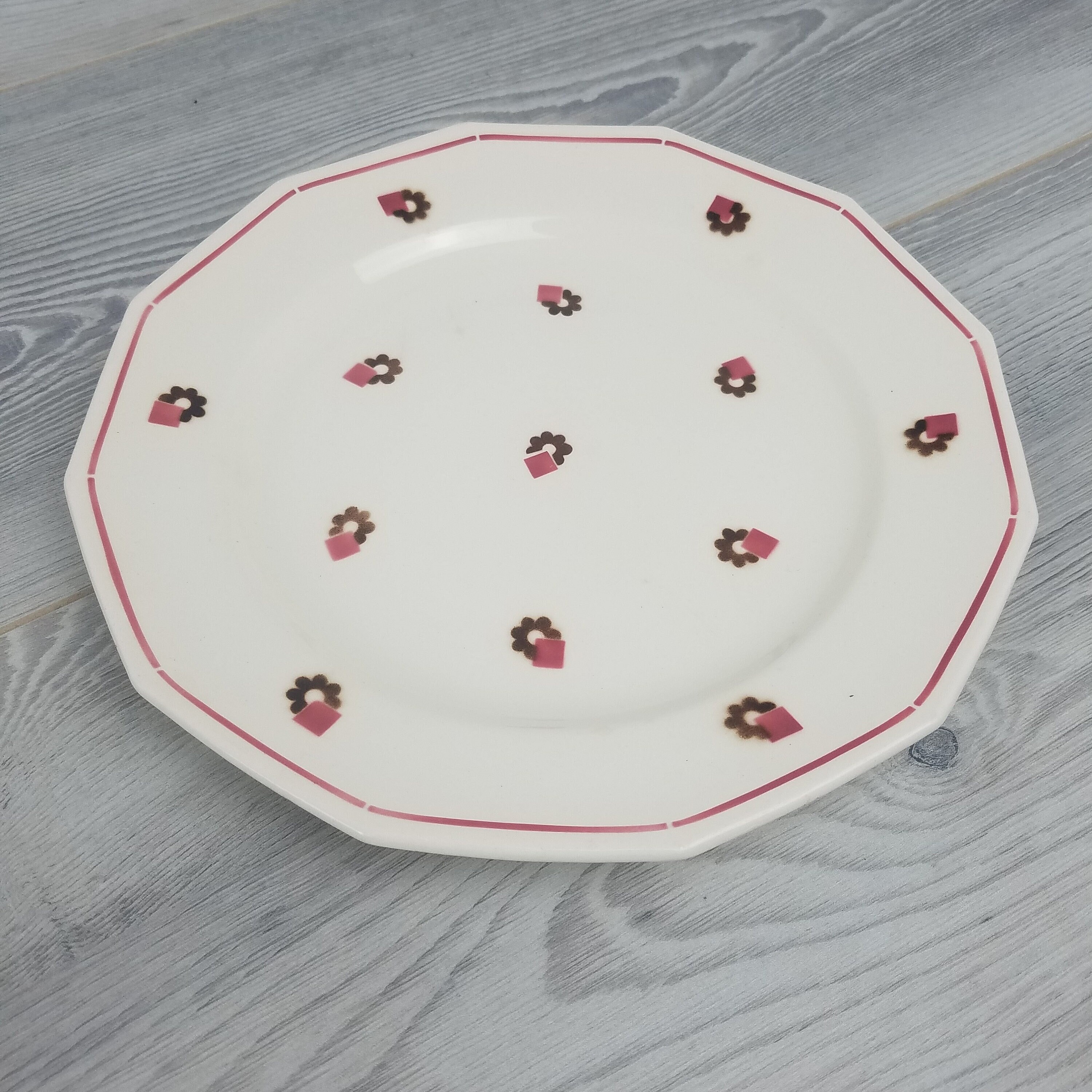 Vintage St Amand Pink and Brown Dodecagon 12 Sided Plate/Platter