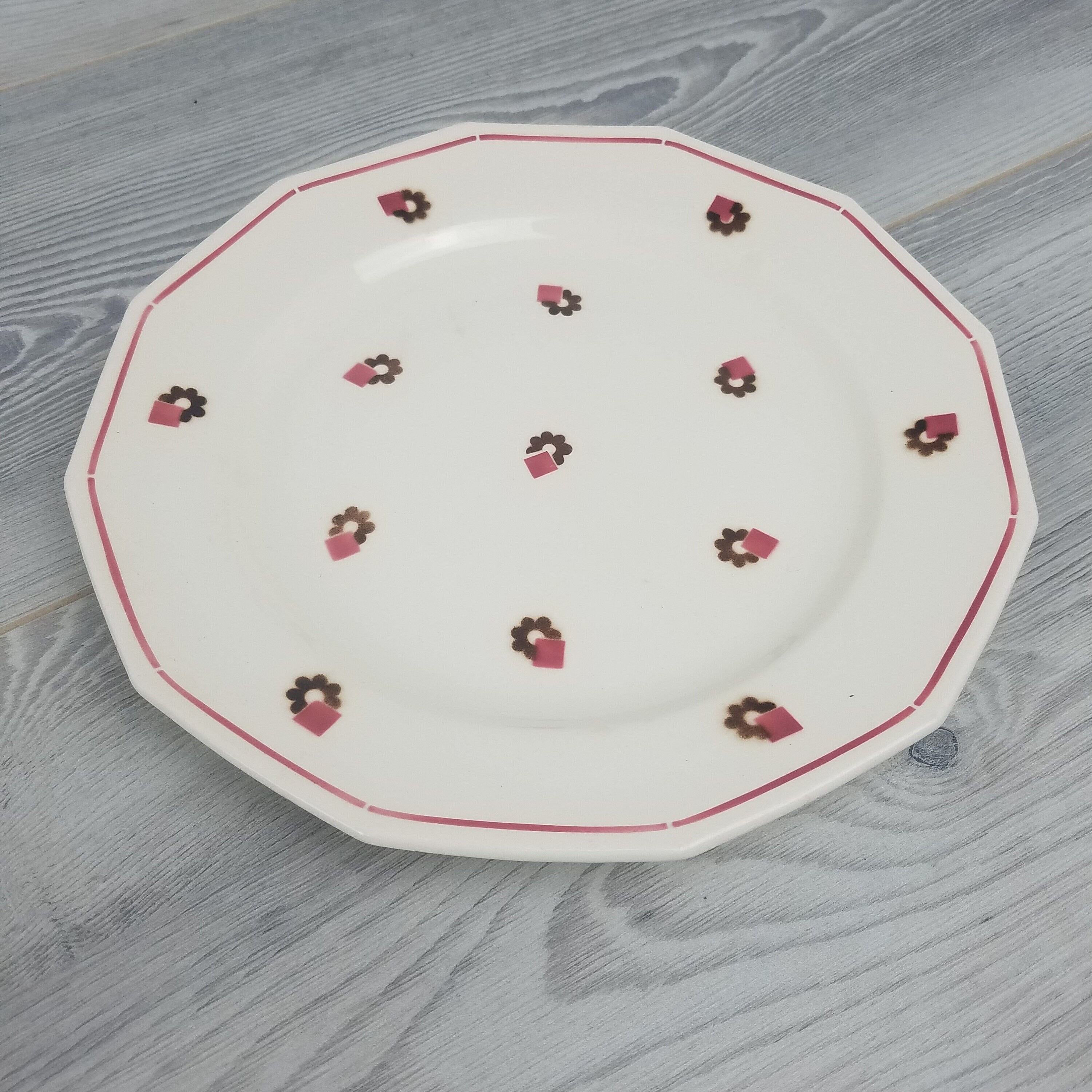 Vintage St Amand Rose et Marron Dodécagone 12 Côtés Assiette/Plateau