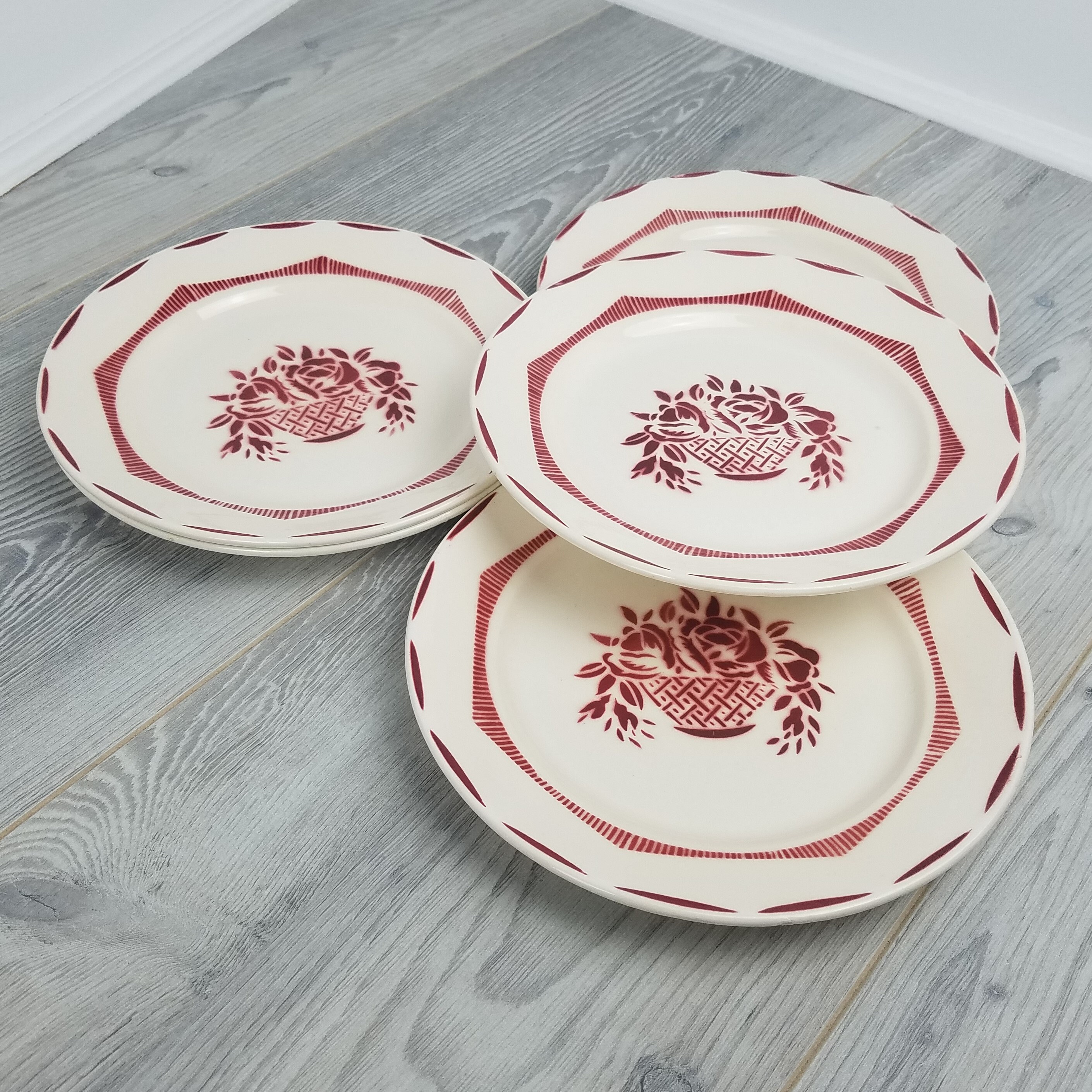 5x Très Bel État 1900-1905 Antique Badonviller Bordeaux Rouge Printemps Floral Design Assiettes