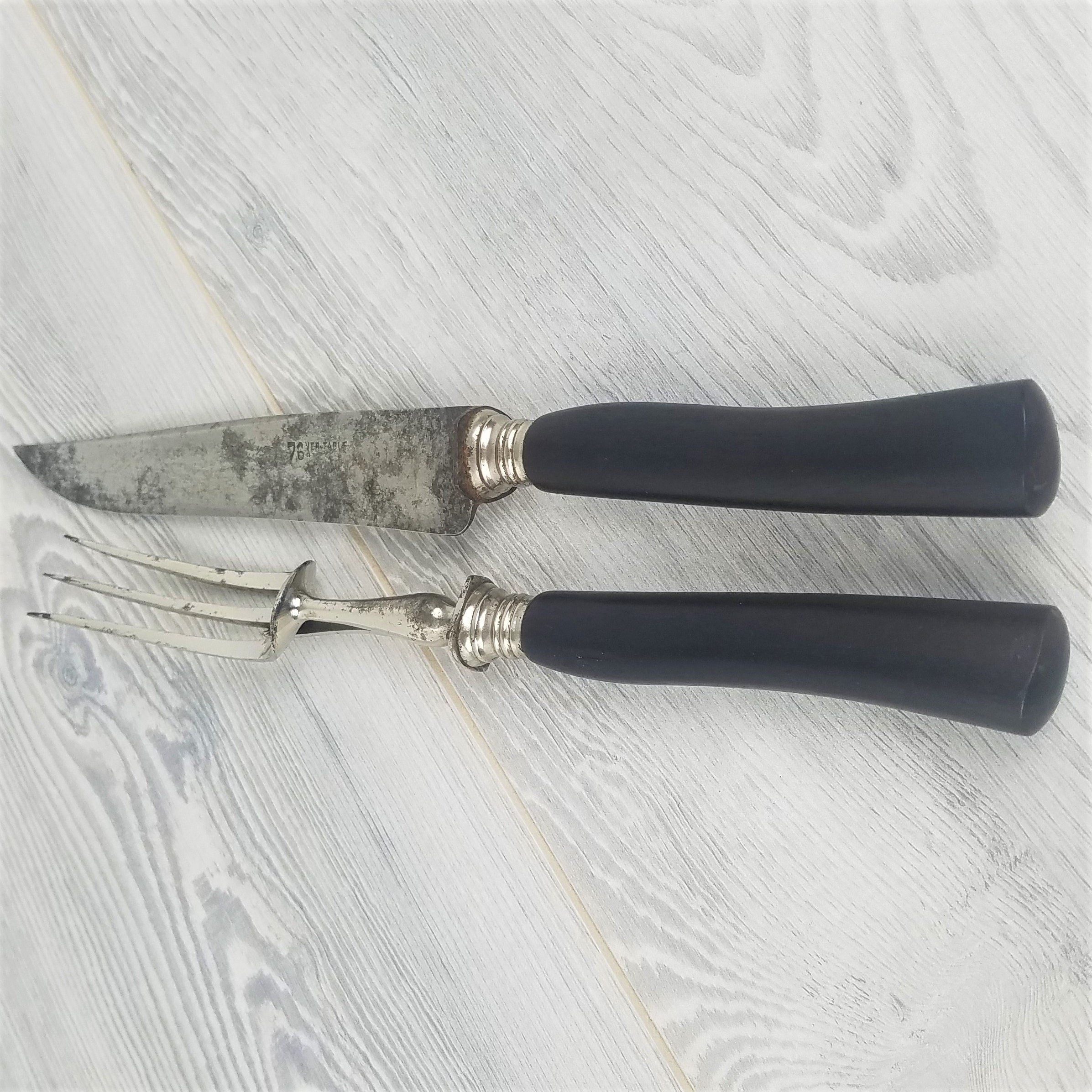 Vintage Black Hard Wood Handled Français Carving Set Vintage Handled
