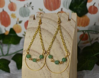 Gold Beaded Earrings | Drop/Dangle Earrings | Chain Earrings | Green Aventurine