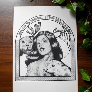 May include: Black and white illustration featuring a woman with long hair and two seals. The artwork includes text in an arch above the woman's head. The illustration has a detailed, artistic style.