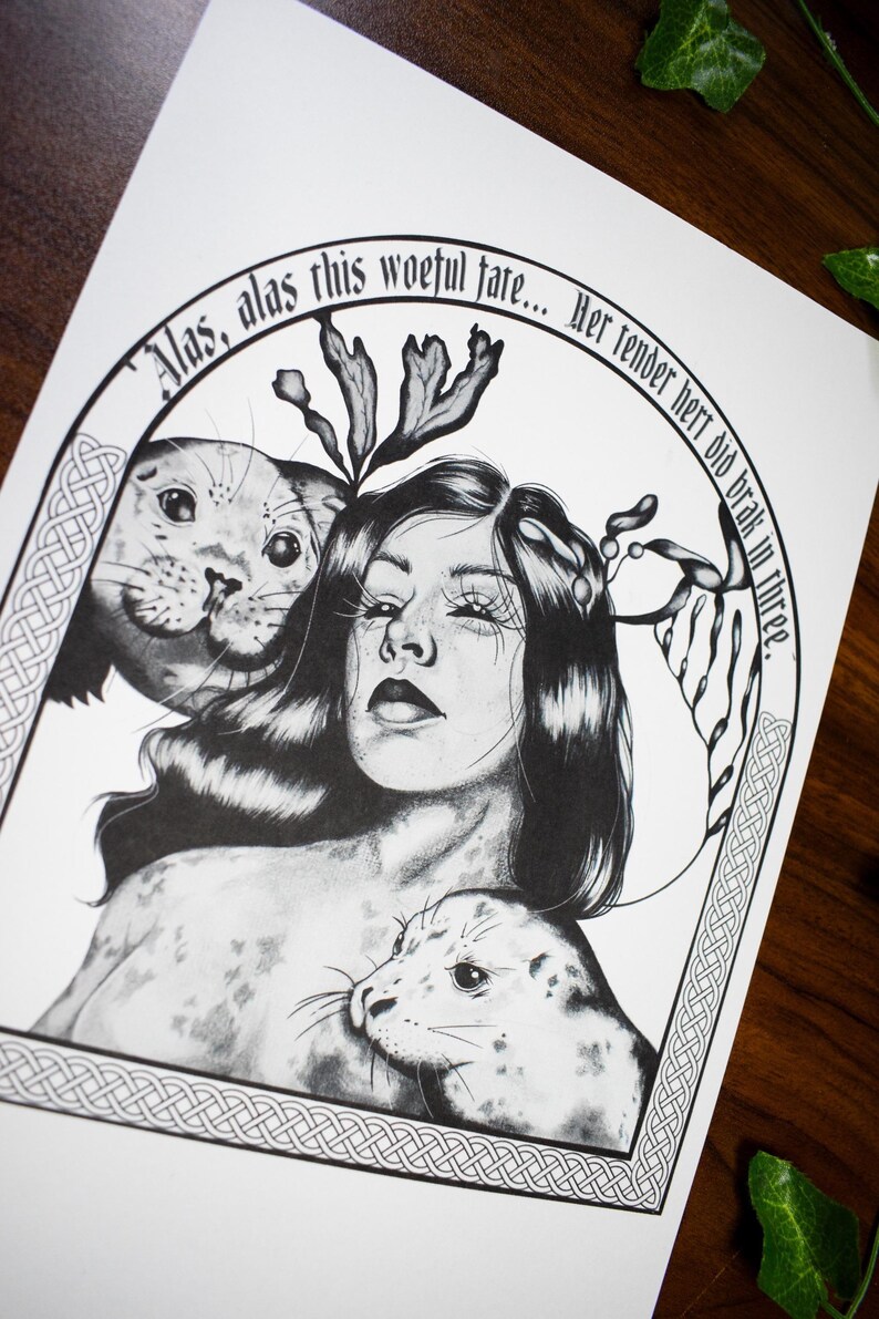May include: Black and white illustration featuring a woman with long hair and two seals. The artwork includes text in a circular frame: "Alas, alas this woeful fate... Her tender hert did brak in three."