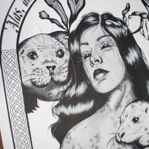 May include: Black and white illustration featuring a woman with long hair, surrounded by seals. The artwork includes text in an arch at the top and a decorative border. The woman has a sorrowful expression.