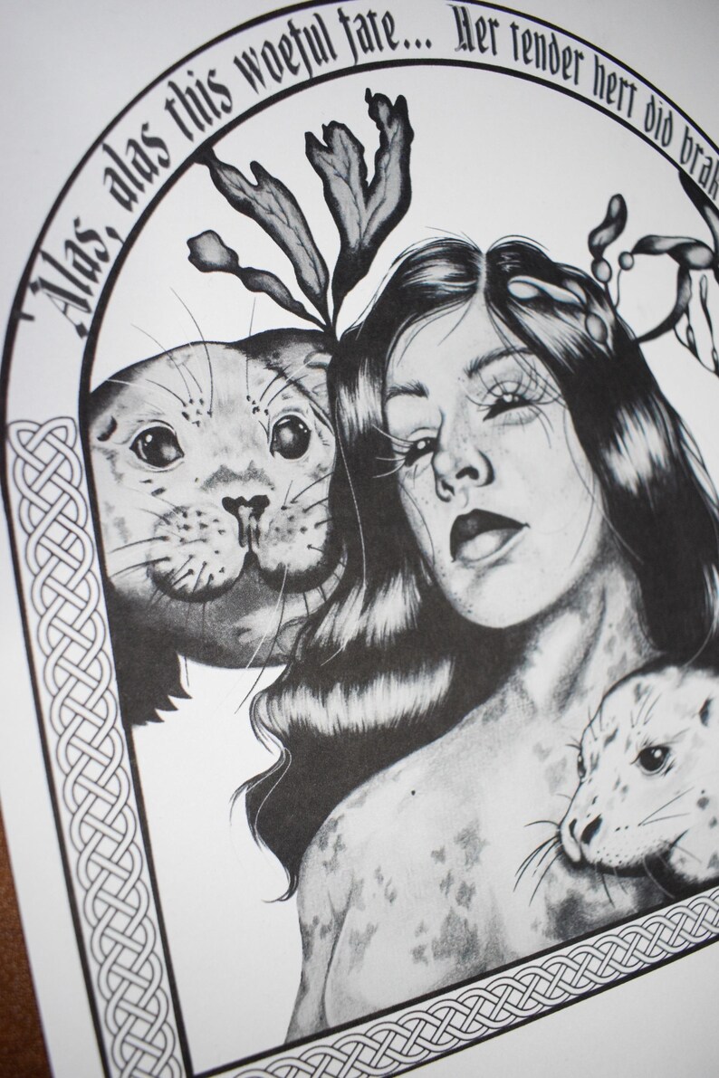 May include: Black and white illustration featuring a woman with long hair, surrounded by seals. The artwork includes text in an arch at the top and a decorative border. The woman has a sorrowful expression.