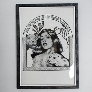 May include: Black and white framed art print featuring a woman with long hair, seals, and botanical elements. The artwork includes the text "Alas, alas this woeful fare... Her Tender hert did brak in three."
