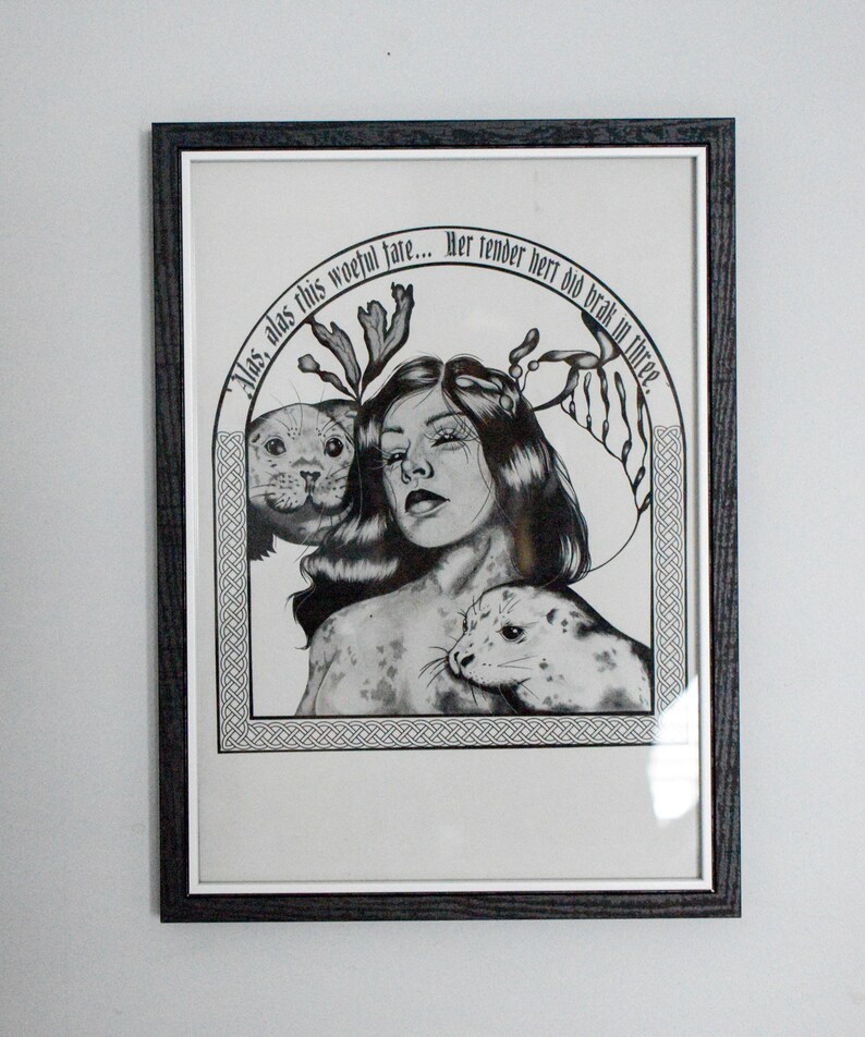 May include: Black and white framed art print featuring a woman with long hair, seals, and botanical elements. The artwork includes the text "Alas, alas this woeful fare... Her Tender hert did brak in three."