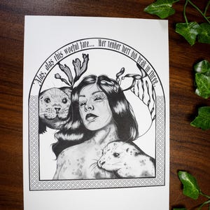 May include: Black and white illustration featuring a woman with long hair and two seals. The woman is surrounded by an arched border with text. The artwork has a detailed, artistic style, with a focus on the woman's expression and the seals' features.