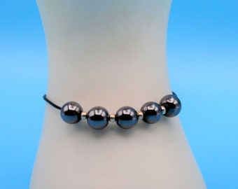 Unique black leather handmade unisex adjustable gemstone bracelet with genuine Haematite gemstones and 925 Sterling silver beads