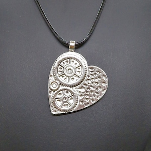 Abstract & modern large Steampunk Heart pendant unisex black cord adjustable handmade necklace • futuristic jewellery • unisex necklaces