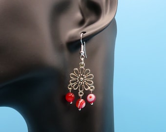 Gorgeous and unique handmade 925 Sterling silver Daisy chandelier earrings with genuine bright red and white Red Banded Agate gemstones
