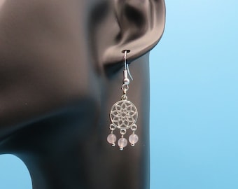 Feminine & unique handmade 925 Sterling silver Lotus Flower chandelier earrings with genuine Rose Quartz gemstones