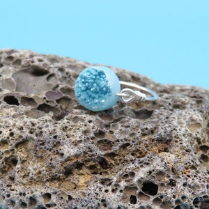 Handmade Silver Wire Wrap Ring: Blue Druzy Quartz Gemstone (UK Size K)