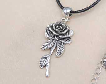 Gorgeous handmade adjustable black cord necklace with stunning gothic style silver Rose charm pendant