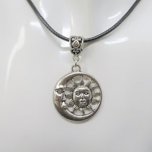Modern and abstract Sun & Moon pendant handmade black cord unisex adjustable necklace • symbolic jewellery • Fathers Day gift idea