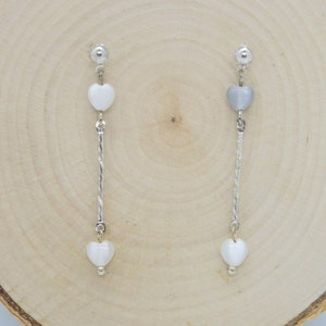 Modern and unique pearlized white heart and silver bars filled silver stud drop earrings • handmade jewellery • romantic gifts