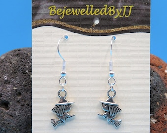 Quirky and dainty very cute Witch charm handmade silver earrings