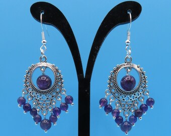 Very beautiful & Bohemian style chandelier 925 Sterling silver earrings with gorgeous, genuine, purple Amethyst gemstones