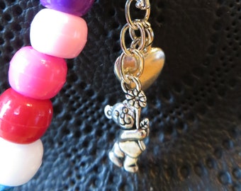 Colourful & unique handmade rainbow bead keyring or handbag charm with Teddy bear and hearts with multi-coloured beads