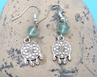 Dainty and unique handmade 925 Sterling silver Dreamcatcher earrings with genuine green Fluorite gemstones