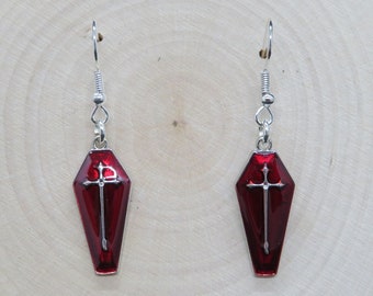 Impressive and abstract blood red enamel Coffin charm silver handmade earrings • muertos • death • RIP • dark jewellery • Gothic style