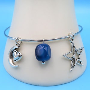 Blue Jasper Gemstone Bracelet: Adjustable Silver Bangle with Moon, Star & Heart Charms