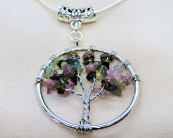 Colourful handmade genuine Tourmaline gemstone Tree of Life pendant 925 Sterling silver necklace • pink purple green and black • crystals