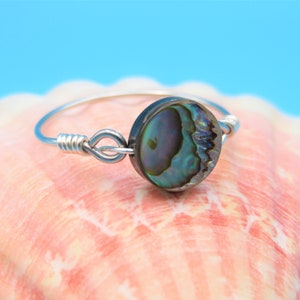 Exquisite & unique handmade silver wire wrap ring with genuine ethically farmed iridescent Mother of Pearl or Paua Abalone shell UK size Z+3