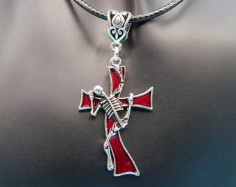 Awesome and unusual Blood Red Crucifix & Skeleton pendant black cord adjustable handmade necklace • Gothic jewellery • abstract accessories