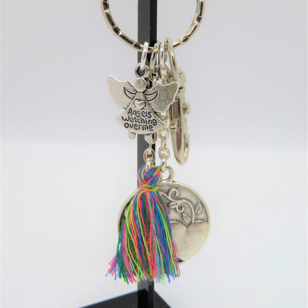 Unique & meaningful handmade Sister keyring or bag charm with guardian angel an engraved disc and a multi-coloured tassel • Sister gift idea