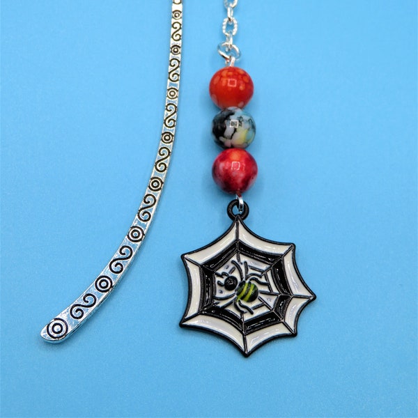 Colourful and abstract handmade unisex Halloween themed metal bookmark with Spider's Web charm, red, orange, black & white beads