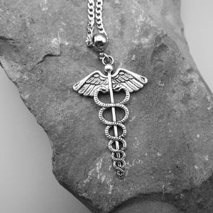 Remarkable Caduceus Staff of Hermes pendant 20" hypoallergenic 304 Stainless steel chain necklace • symbolic jewellery • rare gifts for him