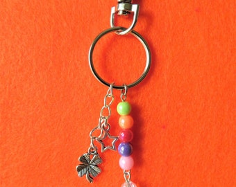 Colourful and unique crystal Angel keyring with Angel wing & 4 leaf Clover charms • handbag charm • handmade • girly gifts • rainbow colours