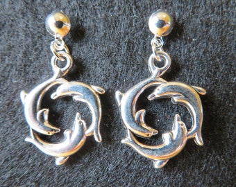 Gorgeous triple Dolphin loop charm silver filled stud drop earrings • handmade jewellery • animal jewellery • adorable sea life • porpoises