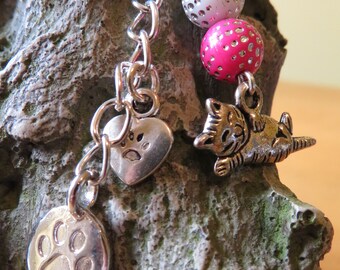 Adorable & unique Cat bag charm with pink white and blue spotty beads and paw print charms • handmade keyring • animal lover gifts