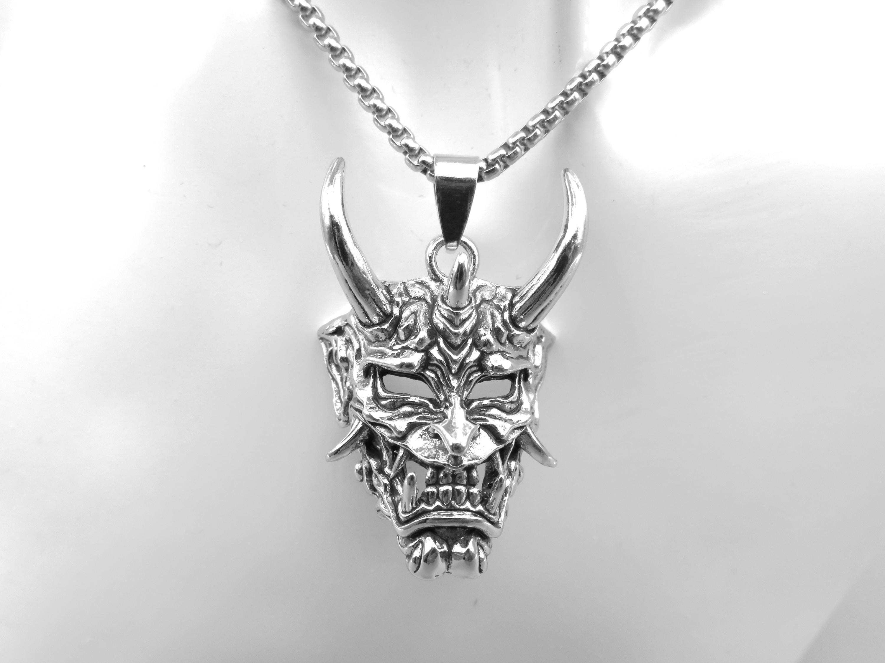3D Stainless Steel Hannya Mask Silver Pendant Necklace: Japanese