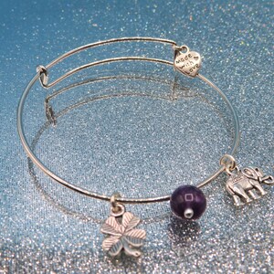 Amethyst Gemstone Bracelet: Silver Elephant & Shamrock Charm Bangle