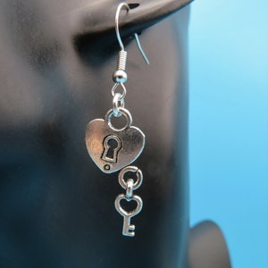 Sterling Silver Heart Padlock & Key Dangle Earrings