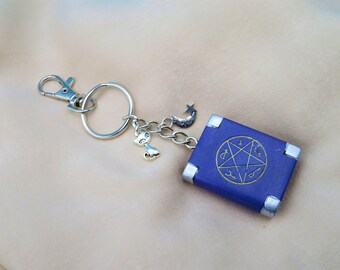 Awesome purple Book of Shadows Witch handmade keyring with cat & moon charms • witchy gifts • Wiccan accessories • pentagram keychains
