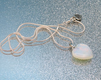 Gorgeous and modern handmade 925 Sterling silver necklace with bright white Opalite gemstone heart pendant