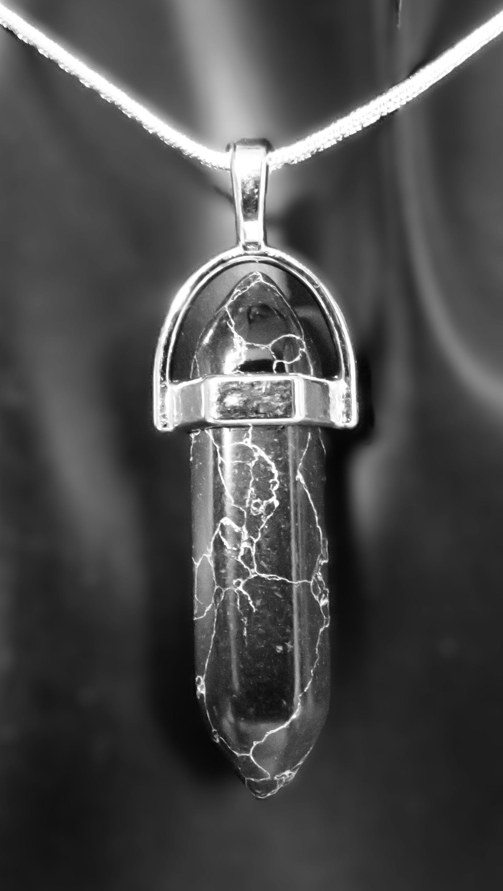 Black Howlite Obelisk Pendant: Handmade 925 Sterling Silver 