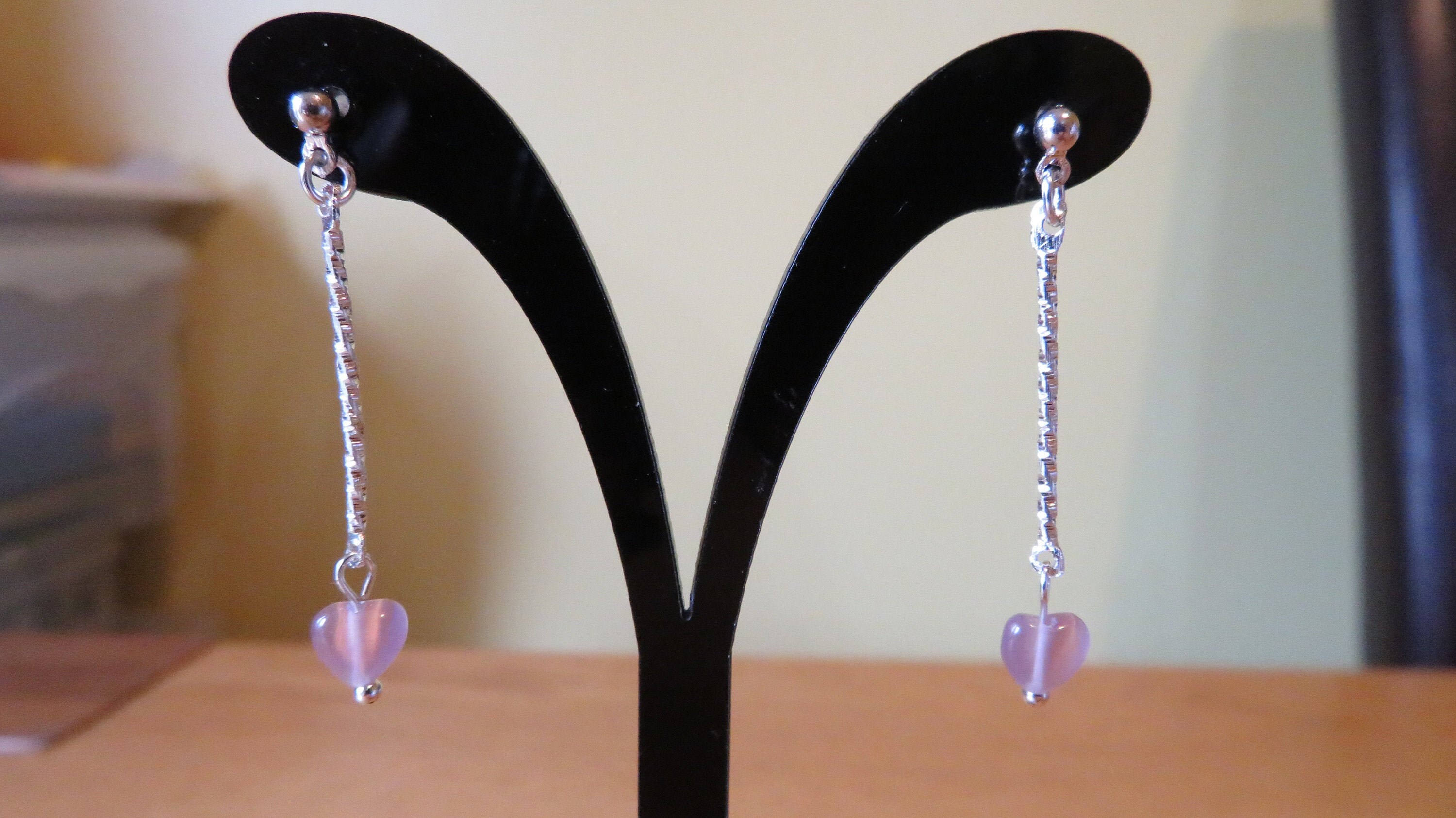 Pretty and unusual handmade delicate pink glass heart on bars silver stud drop earrings
