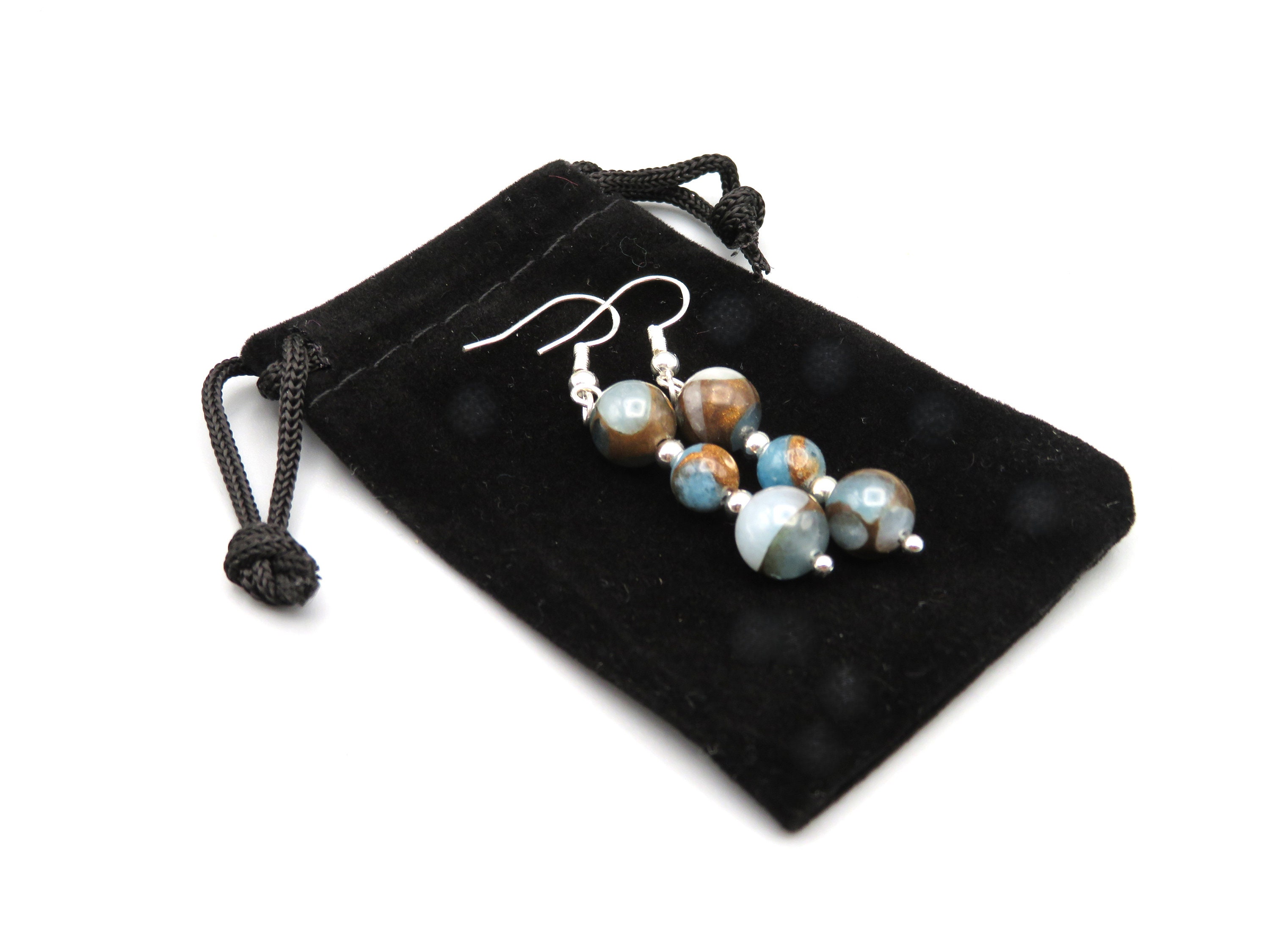 Blue Mosaic Quartz Gemstone Silver Drop Earrings: Sterling Silver