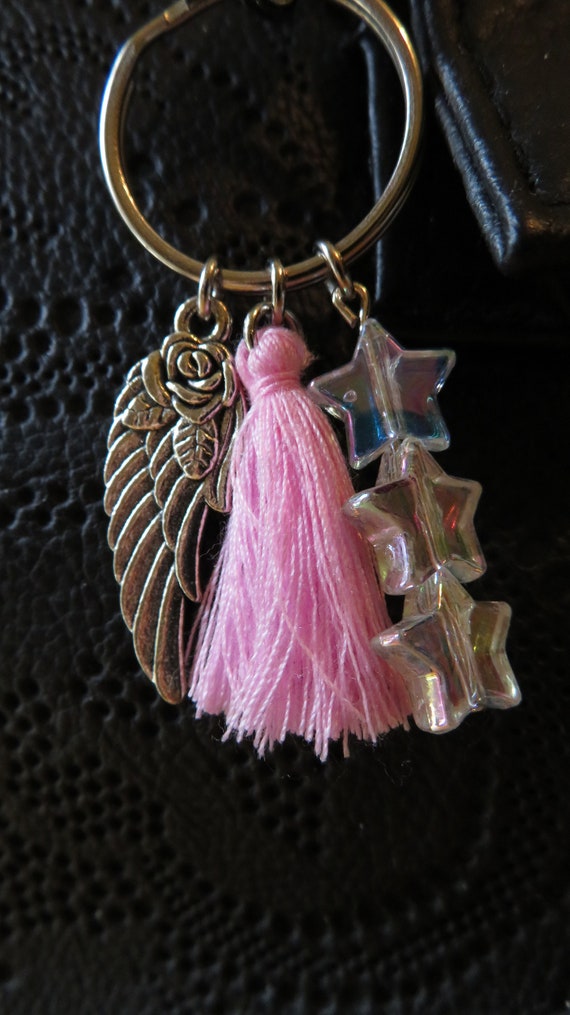 Angel Wing Keyring: Pink Tassel & Iridescent Stars  display picture 3