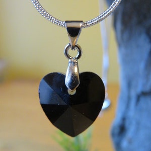 Minimalistic and unique black crystal Heart pendant handmade 925 Sterling silver 18&quot; necklace • black accessories
