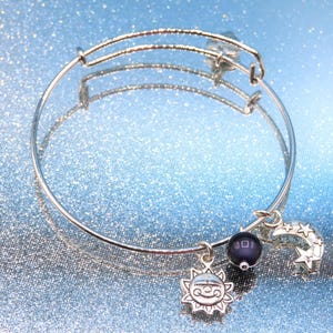 Purple Lace Agate Silver Bangle: Moon, Star & Sunshine Charm