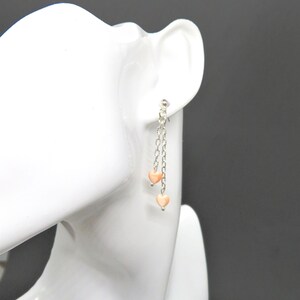 Apricot Glass Heart Silver Stud Drop Earrings: Silver Filled Chain Dangle Jewelry
