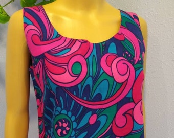SALE Stunning 1960s Mid shift dress Psychedelic Pink Red Green Blue mini hippie Peter Max 70s