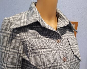 Handmade 1970s plaid blouse grey purple slim fit S M butterfly collar