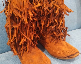 Kids Real leather moccasin boots fringed hippie booties unisex size 13 child